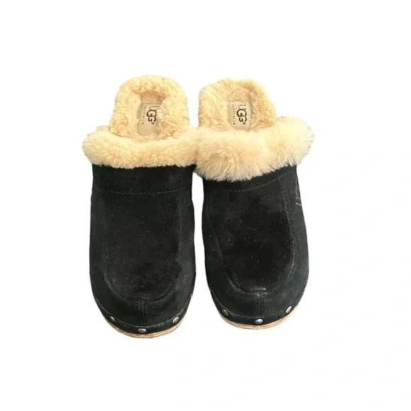 UGG Australia Women's Kalie Brown Suede Shearling Wooden Clogs Mules Shoes Sz 6 - Picture 5 of 13